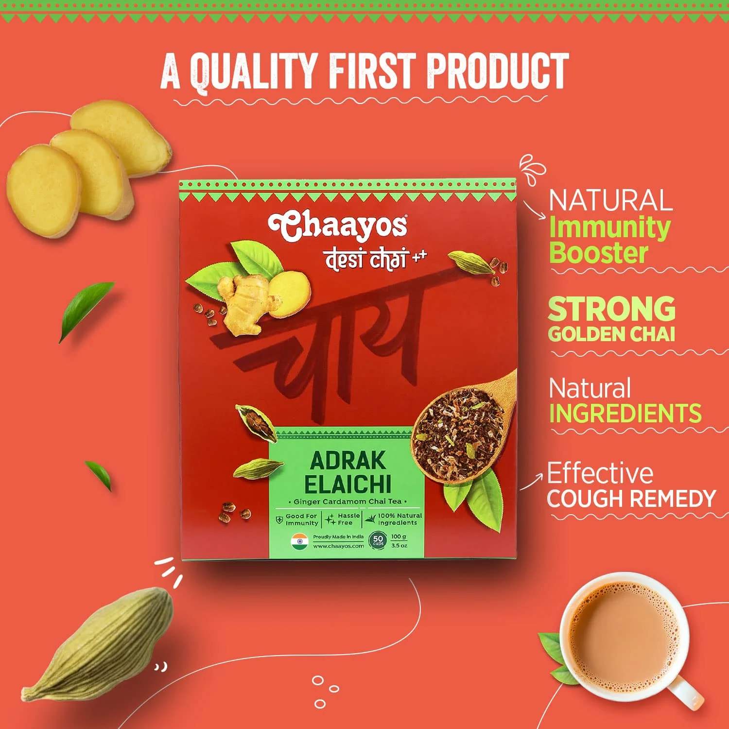 Chaayos Adrak Elaichi Tea (Ginger and Cardamom) - Premium Desi Chai Patti for Authentic Masala Flavour | Immunity Booster- 100g - Image 3
