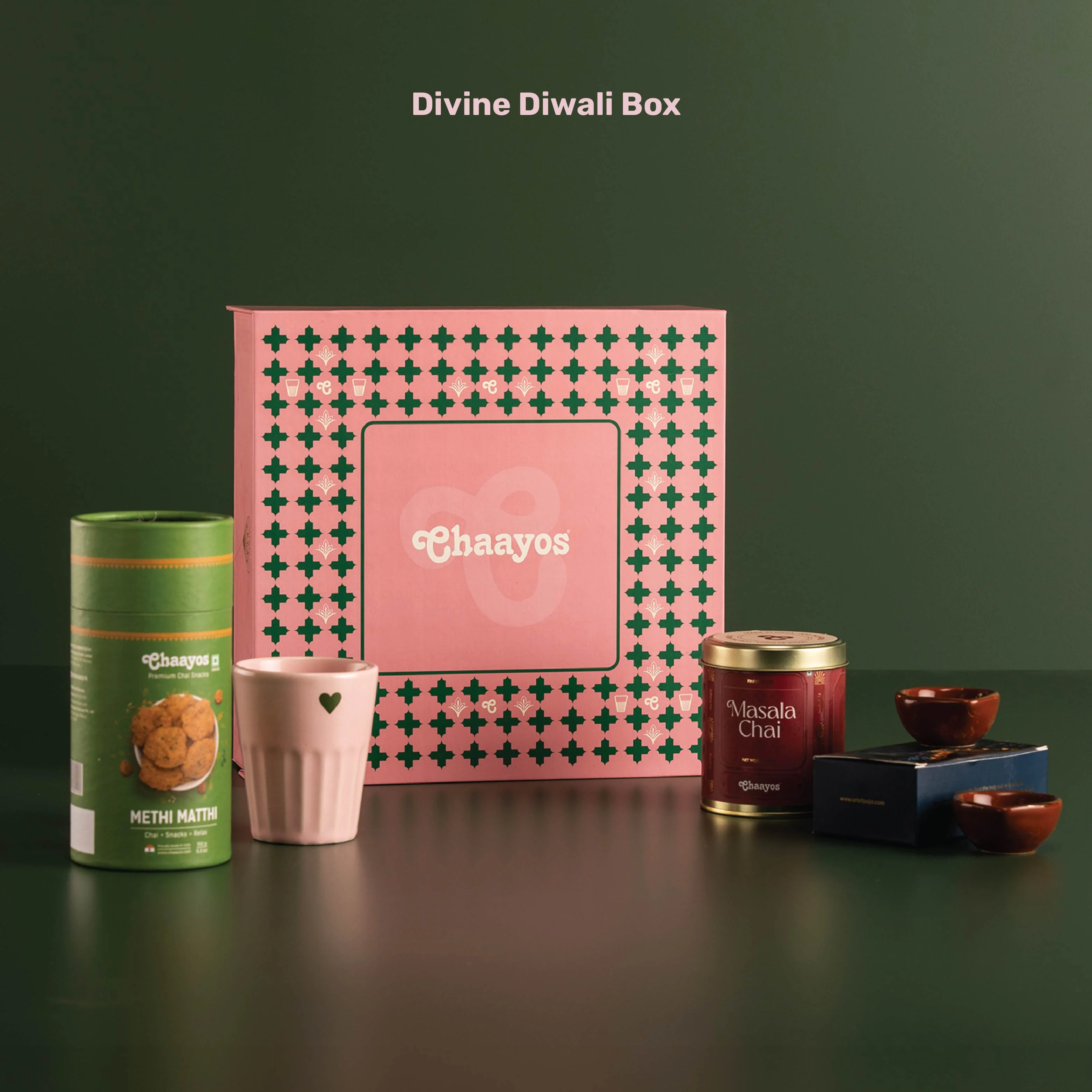 Chaayos Divine Diwali Gift Box | Diwali gift Hamper with Chai Tin Box, Ceramic Cup, Set of 2 Diyas, Methi Mathri for Family & Friends | Premium Diwali Gift Hamper - Image 4