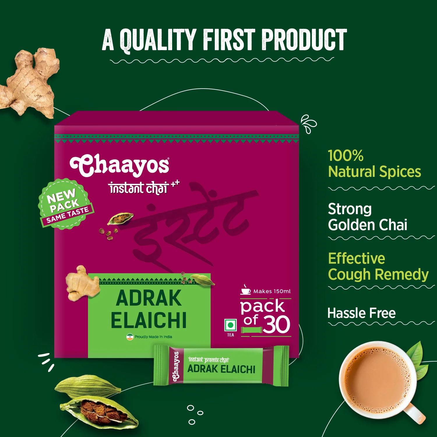 Chaayos Instant Tea Premix - Adrak Elaichi Flavour - Regular Sugar (30 Sachets) | Adrak Elaichi Instant Tea - Image 2