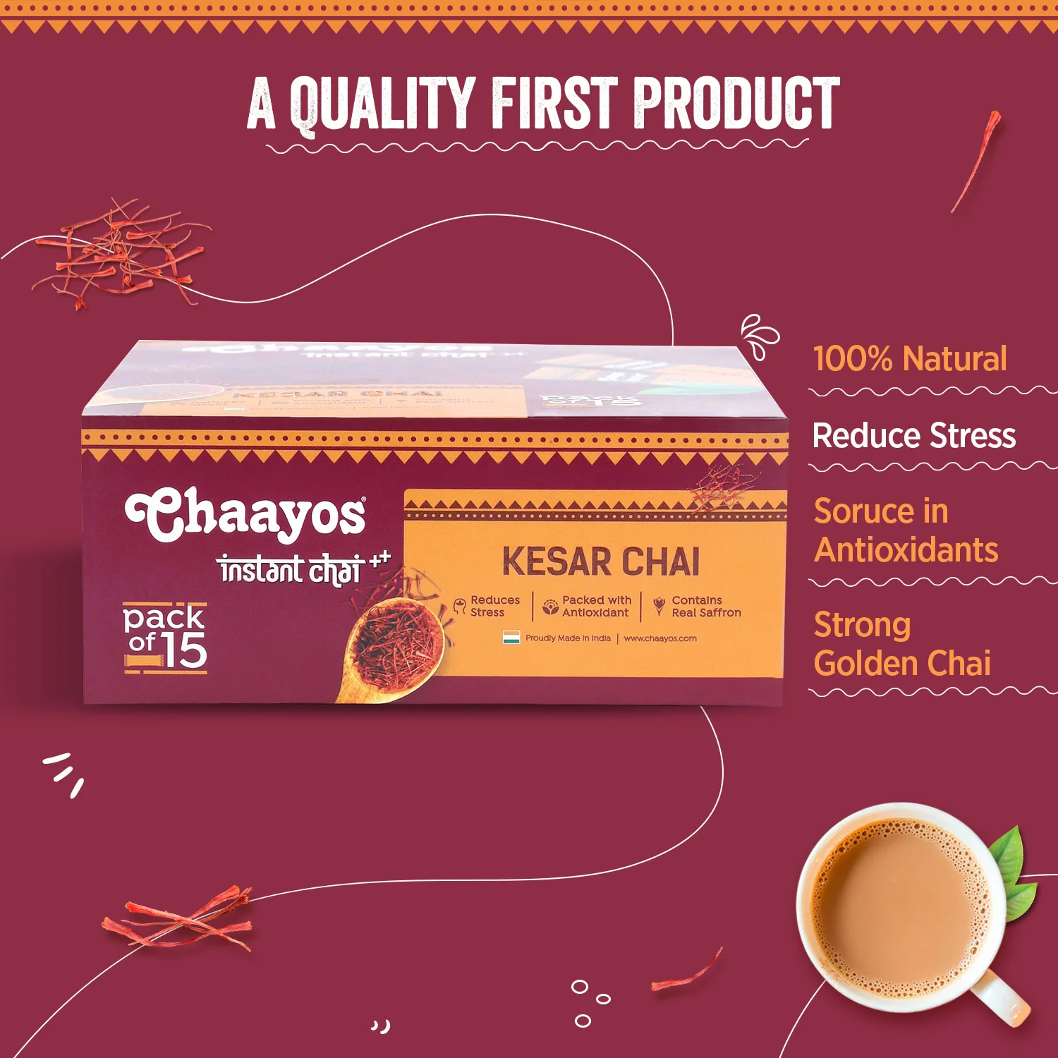 Chaayos Instant Tea Premix - Kesar-Regular Sugar (15 Sachets) | Best Kesar Chai - Image 3