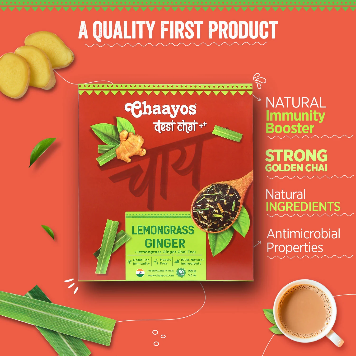 Chaayos Lemongrass Ginger Tea - Premium Ginger Chai Patti for Cough & Cold Remedy (100g) - Image 4