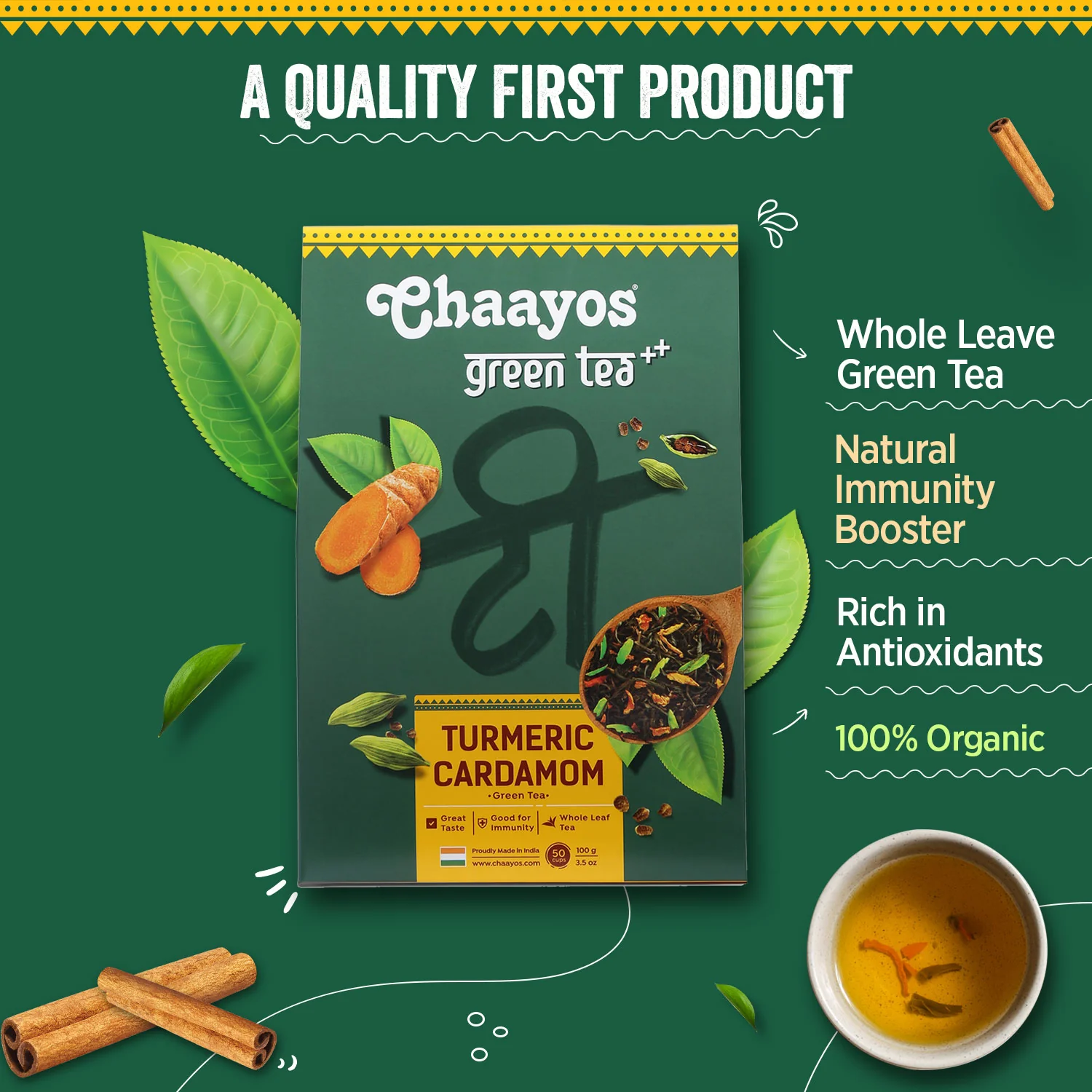 Chaayos Turmeric Cardamom Green Tea | Whole Leaf Loose Tea | Immunity Boosting - 100g [50 Cups] - Image 3