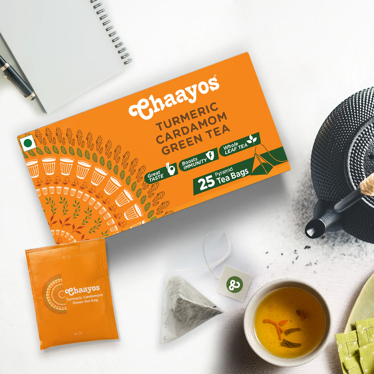 Chaayos Turmeric Cardamom Green Tea Bags (25 Pyramid Tea Bags) - Image 3