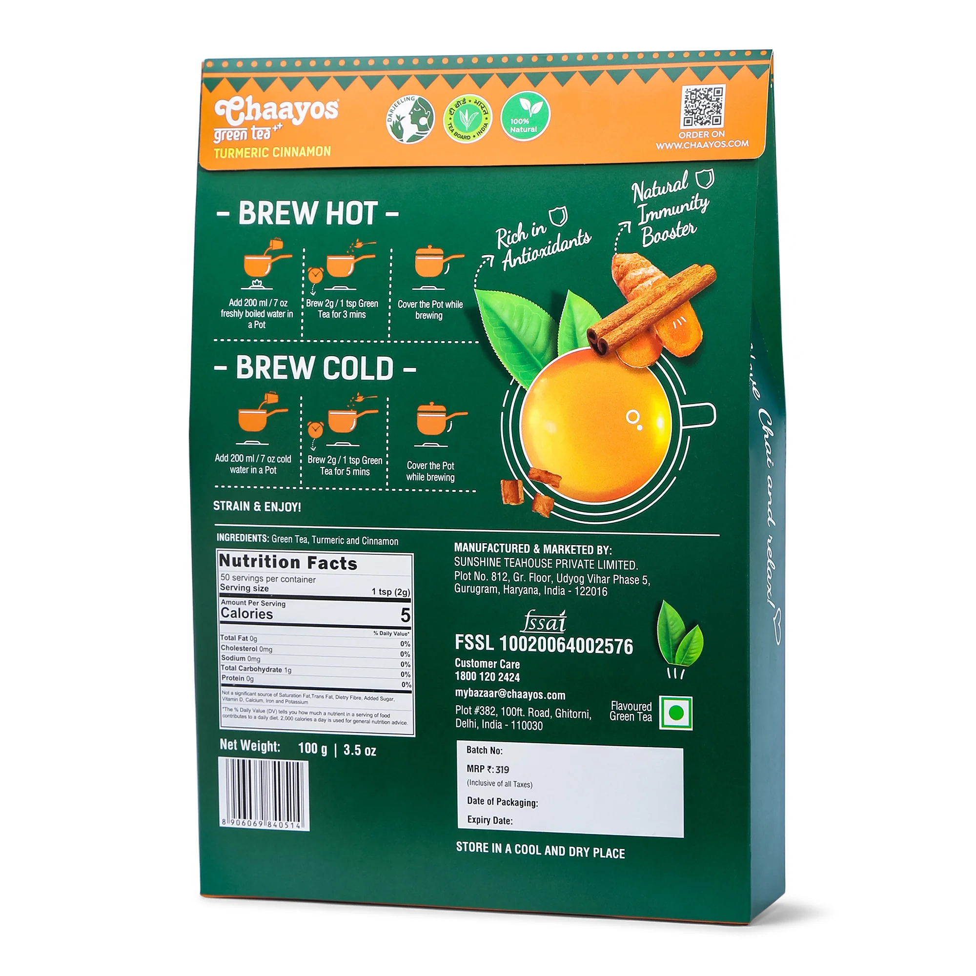 Chaayos Turmeric Cinnamon Green Tea | Turmeric Cinnamon Tea | Whole Leaf Loose Tea | Immunity Boosting - 100g [50 Cups] - Image 8